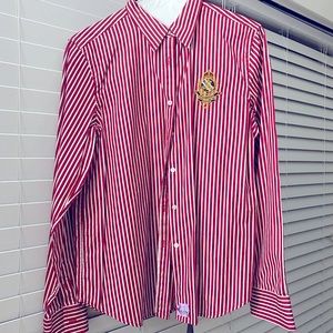 Red and white Ralph Lauren women’s button down dress shirt size M